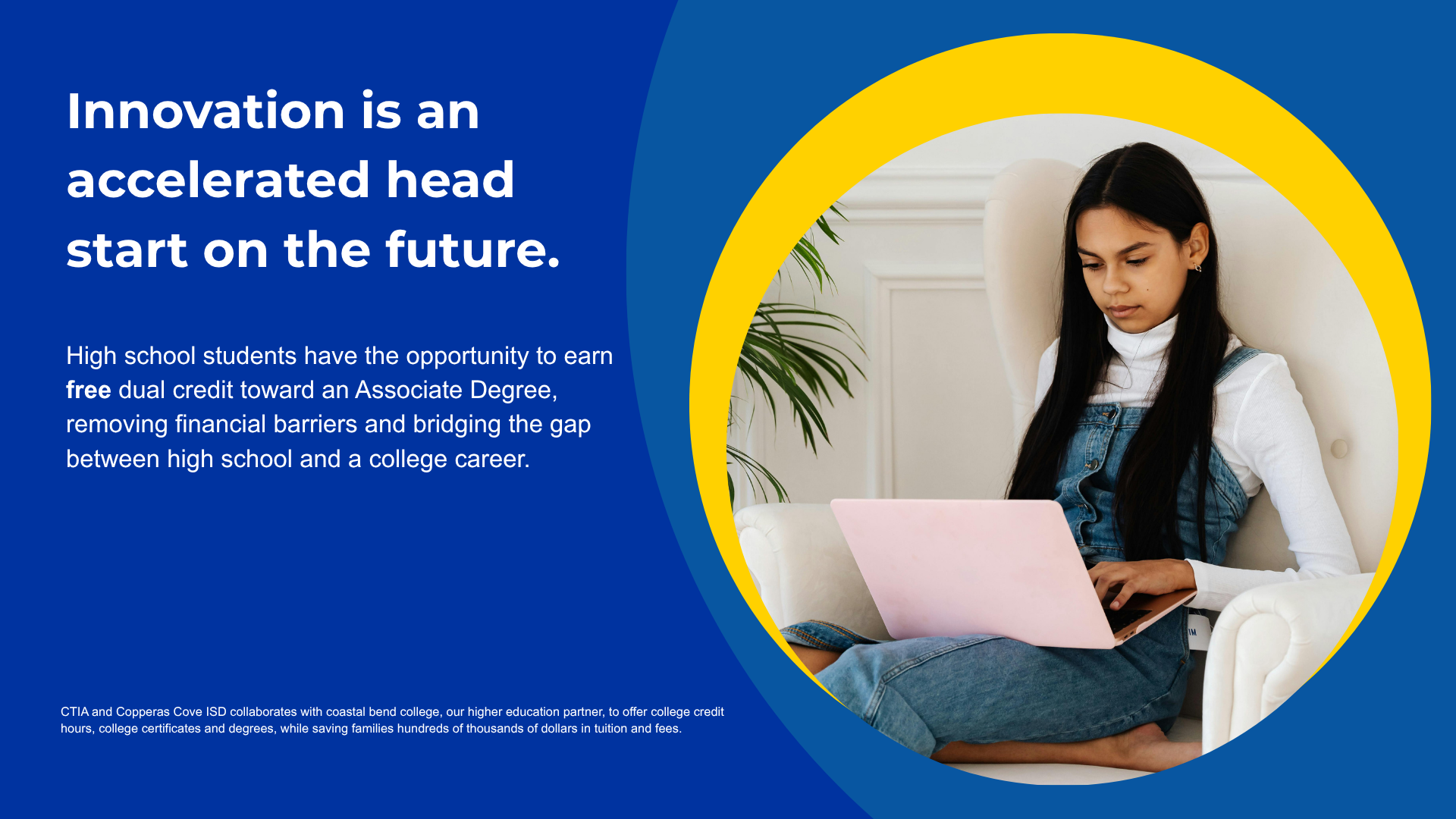 Young woman studying on a laptop, representing a pathway to higher education.
