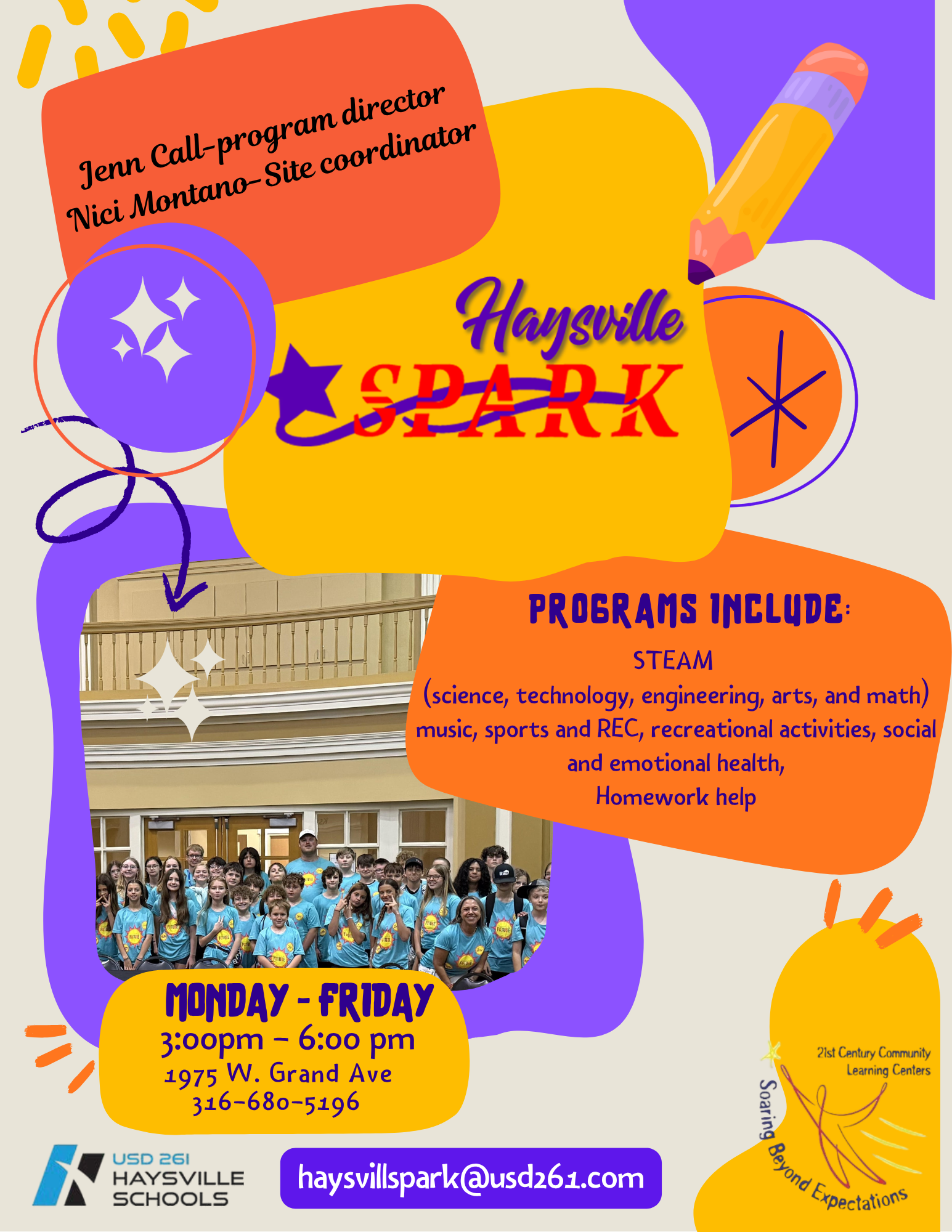Haysville SPARK playful after school flyer with yellow and purple