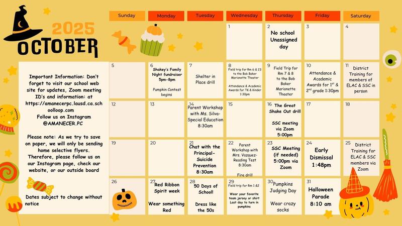 October Calendar English