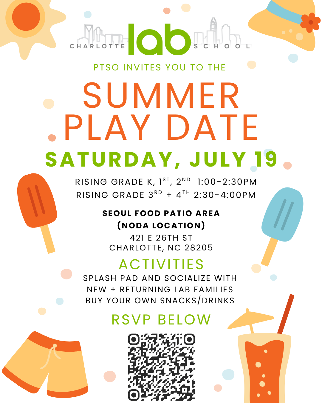 Colorful flyer with play date details and logistics.