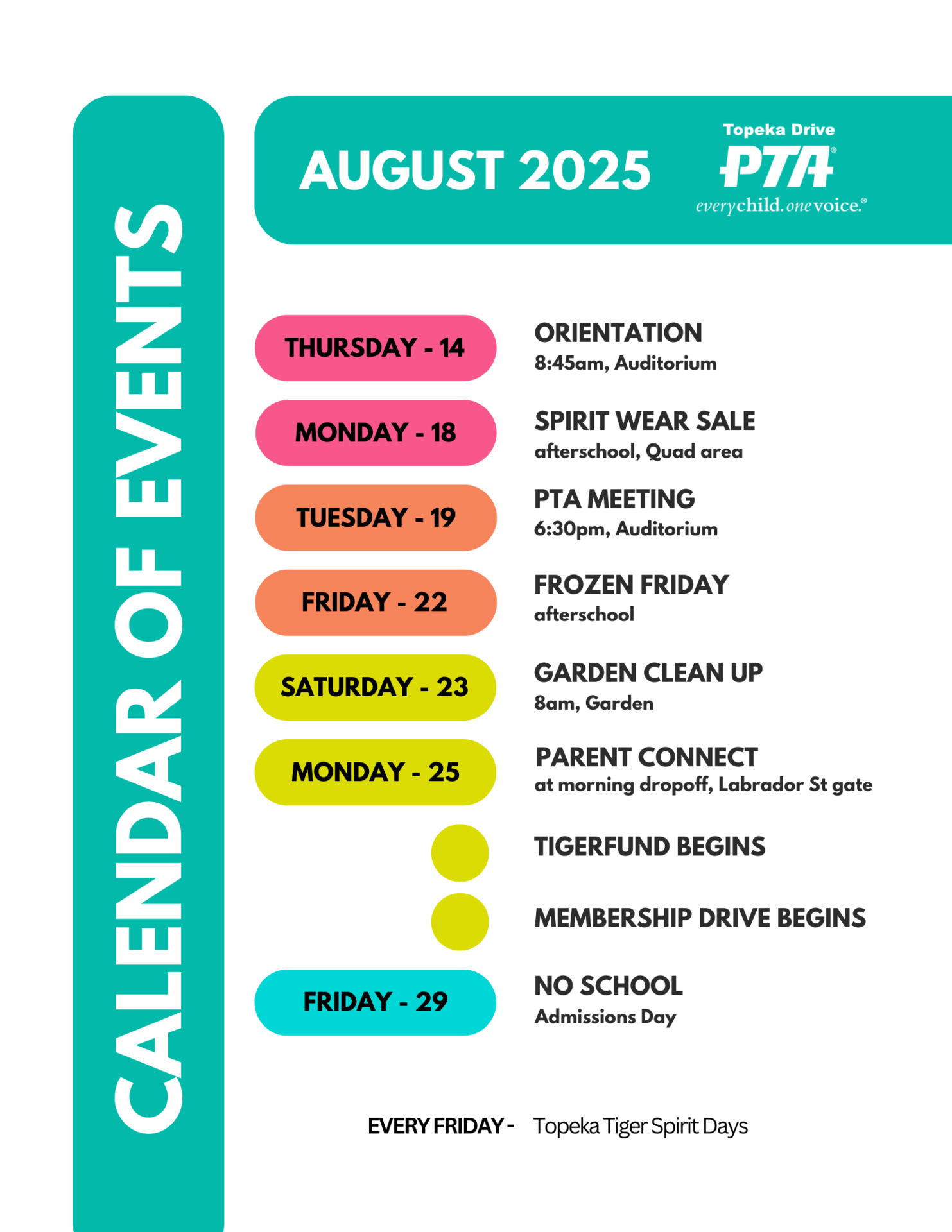 PTA August 2025 Calendar