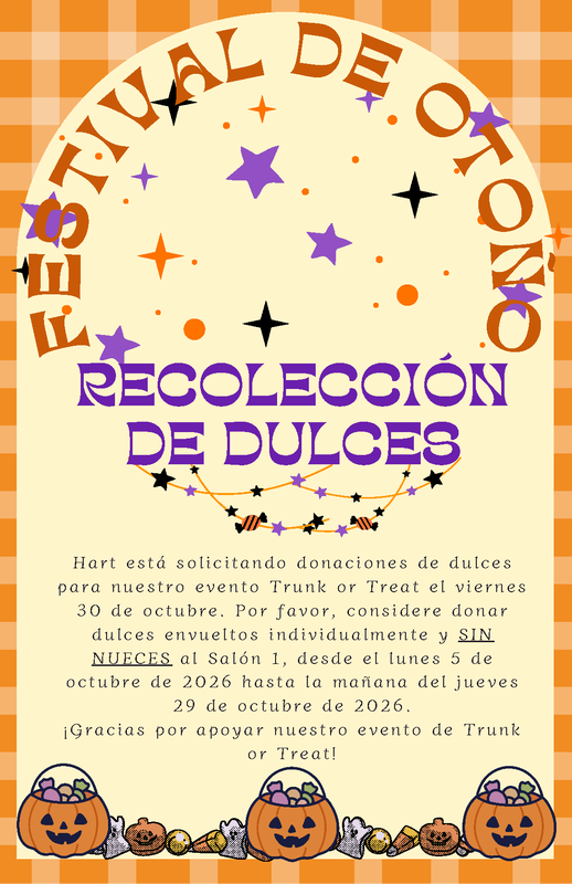 Donación de dulces para el evento Trunk or Treat: del 5 al 29 de octubre de 2026, para el viernes 30 de octubre.