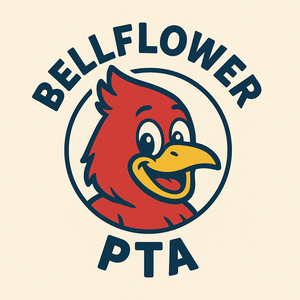 Cartoon cardinal mascot with smiling expression, text 'BELLFLOWER PTA'.