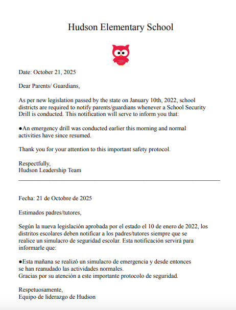 Hudson School Security Drill Information-October 22, 2025