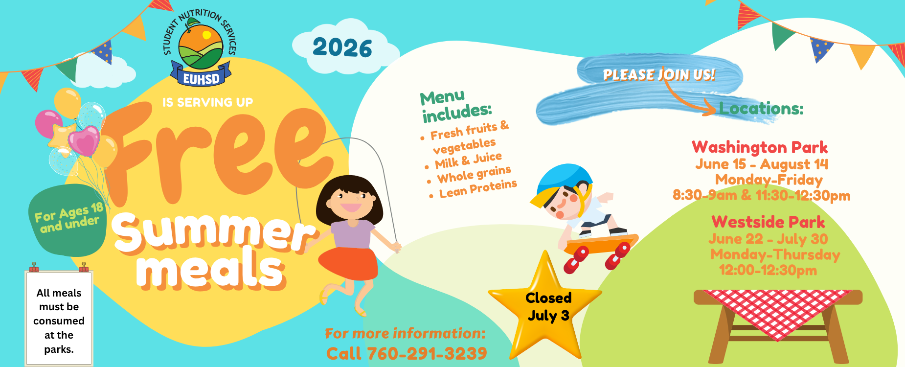 Colorful summer meal program announcement with details on locations and menu options.