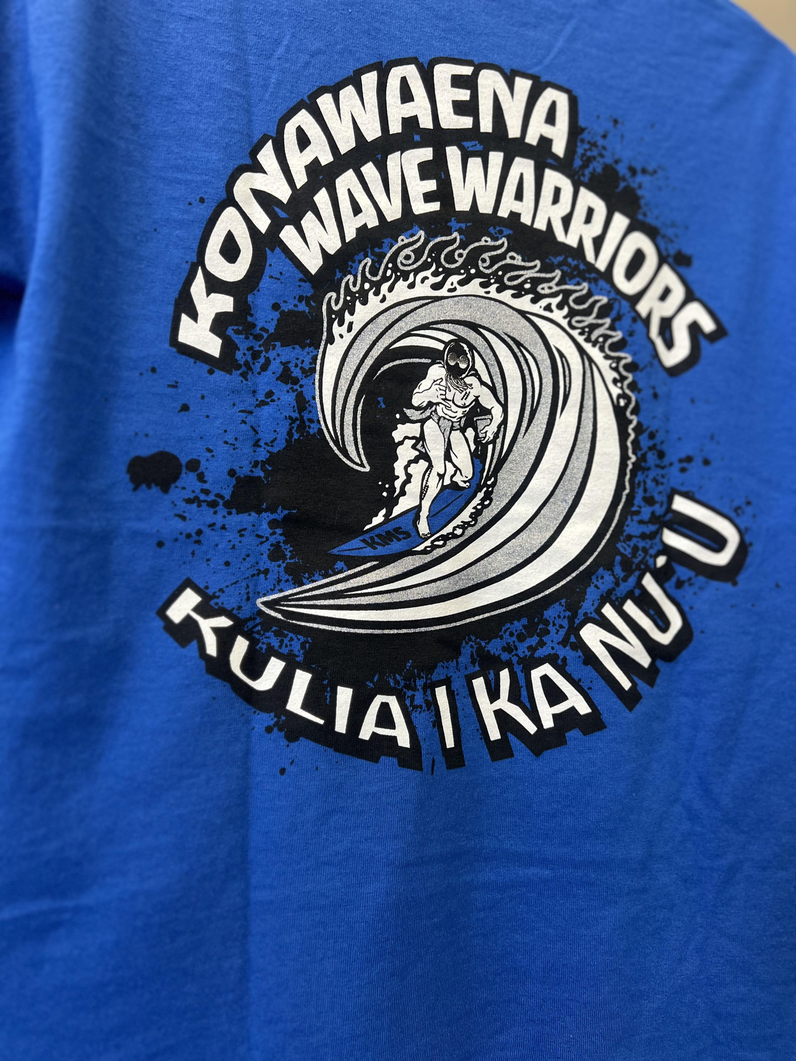 Konawaena School Shirt logo on blue shirt