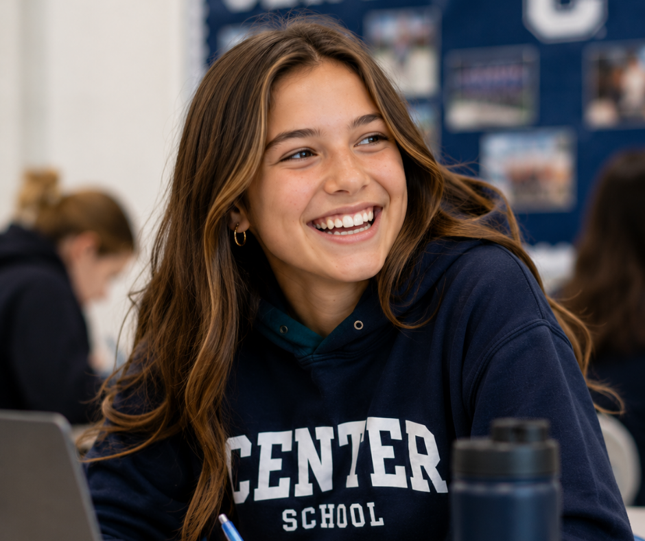 Center School student smiling in reading class