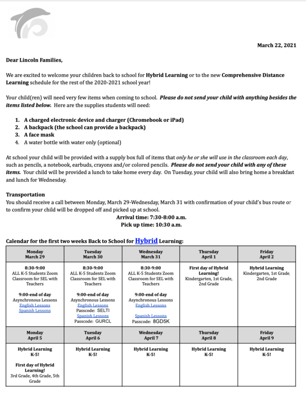 Lincoln Elementary - New Schedules for Hybrid & Comprehensive Distance Learning Featured Photo