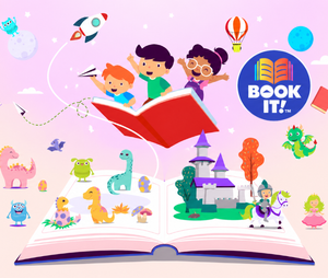 Colorful illustration of children flying on a book surrounded by whimsical creatures