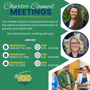 Info graphic with Charter Council Meeting dates and times, photos of Admins and our logo