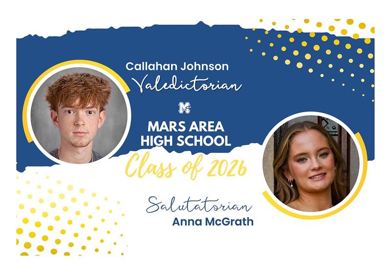 Valedictorian and salutatorian portraits with school name and class year.