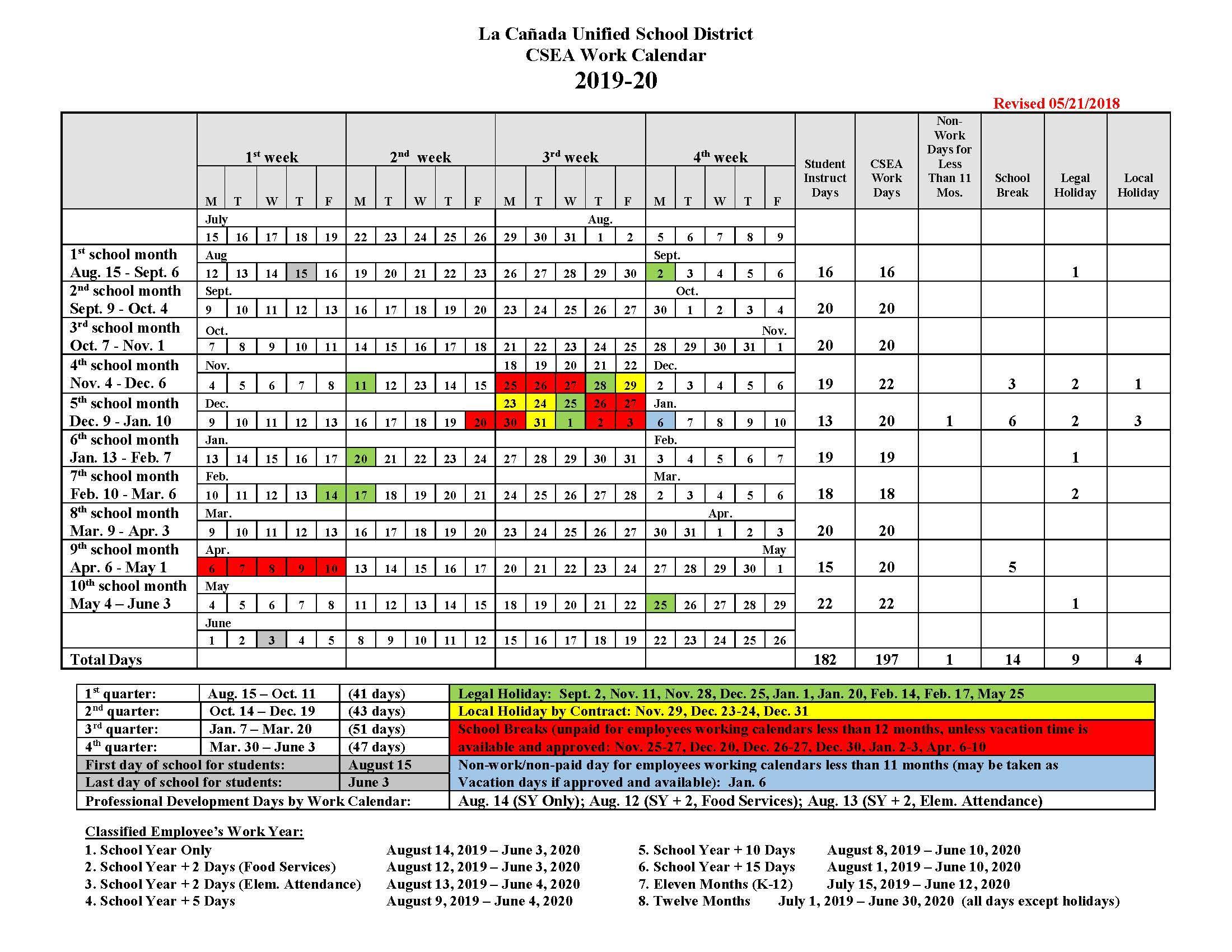 csea calendars yearly calendars la cañada unified school yearly calendars