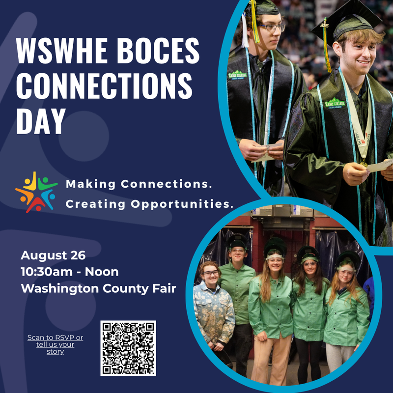 White text about event with images of grads and female welding students
