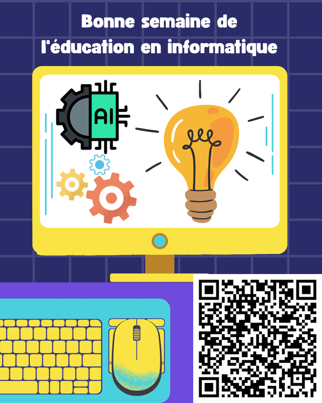 French- Large yellow computer with icons on it, QR code, and teal keyboard