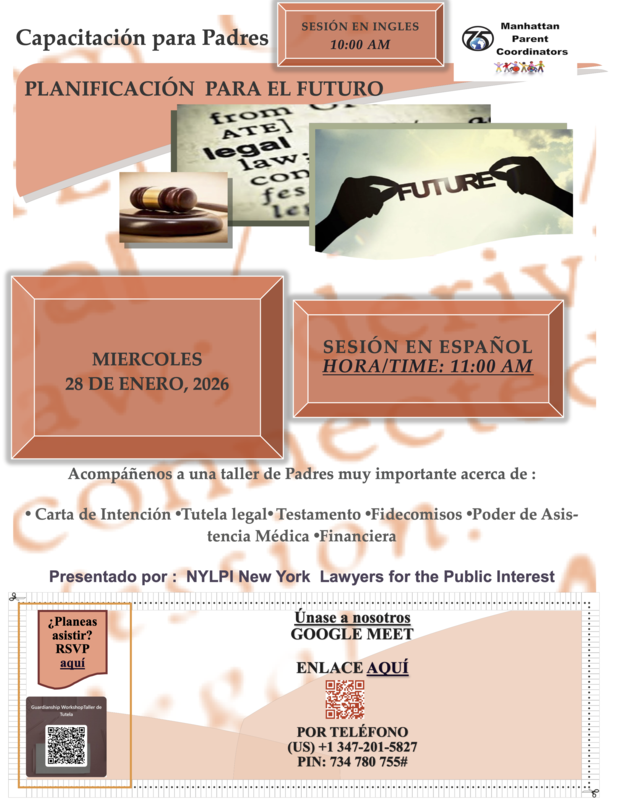 Flyer that shows information about a future planning workshop - Spanish