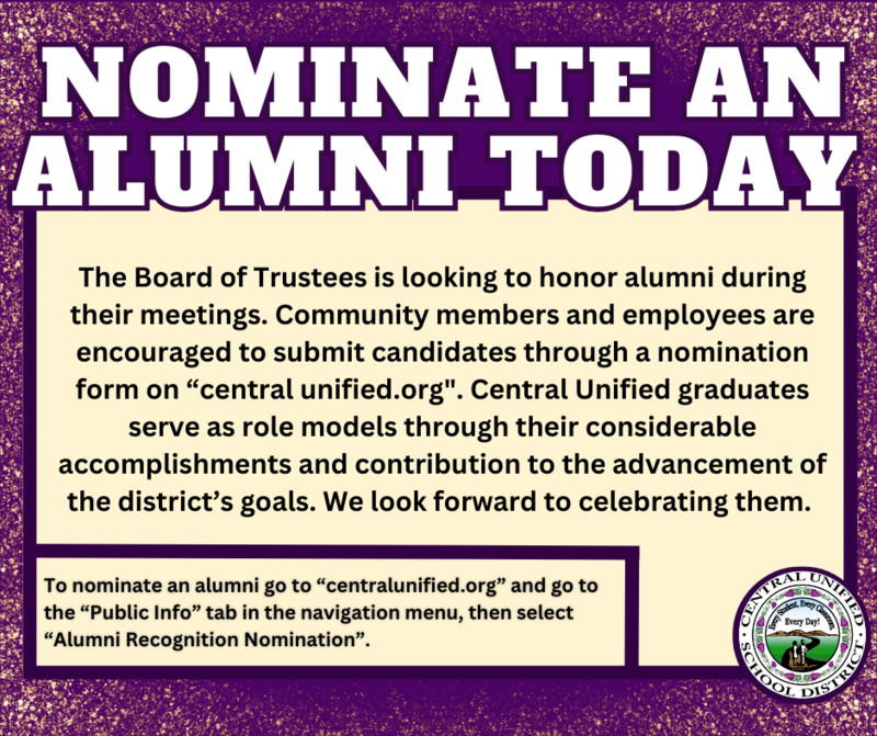 Graphic encouraging people to nominate alumni so they may be recognized at Board Meetings