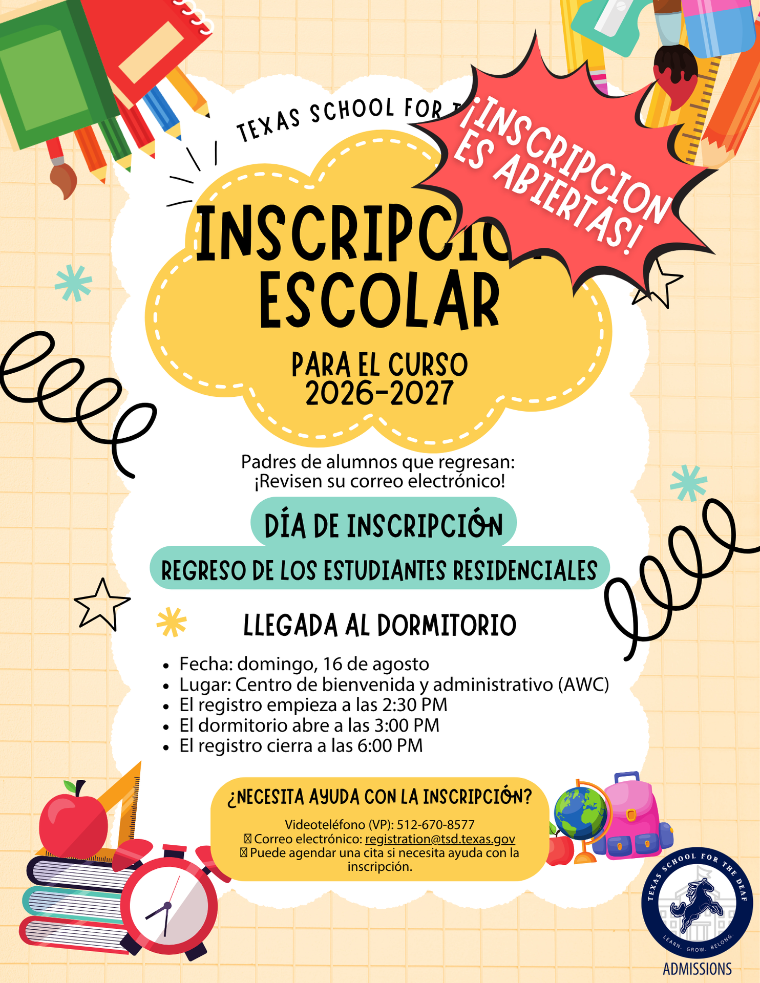 School Registration 2026-2027 Flyer information in Spanish version
