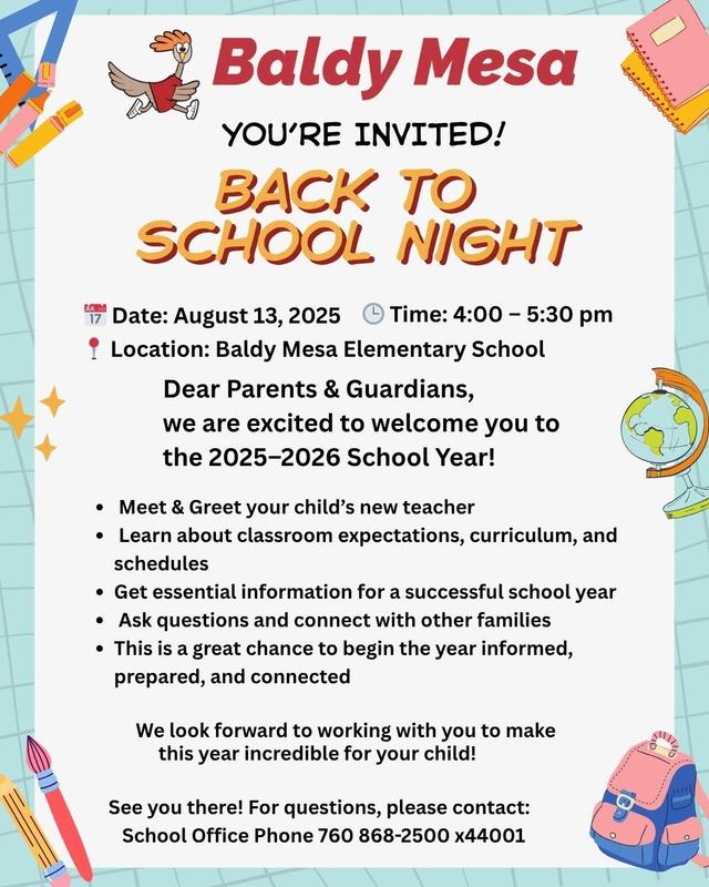 Back To School Night- August 13th 4:00 - 5:30 PM