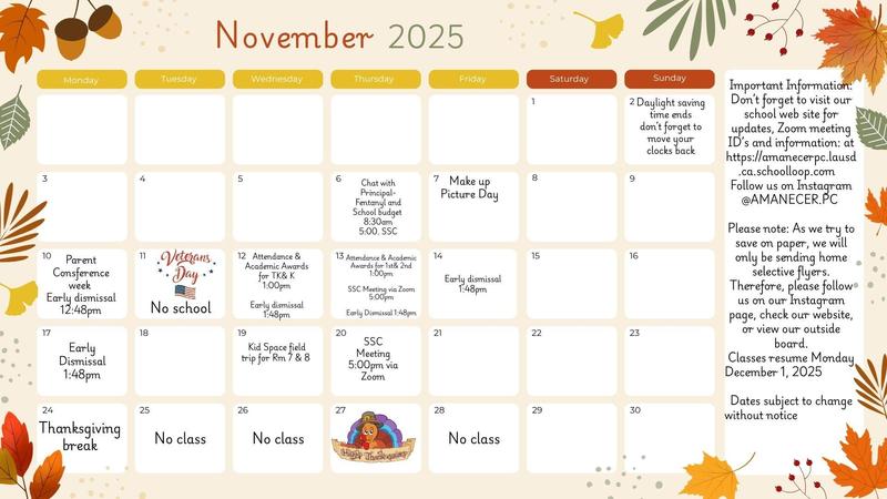 November Calendar English