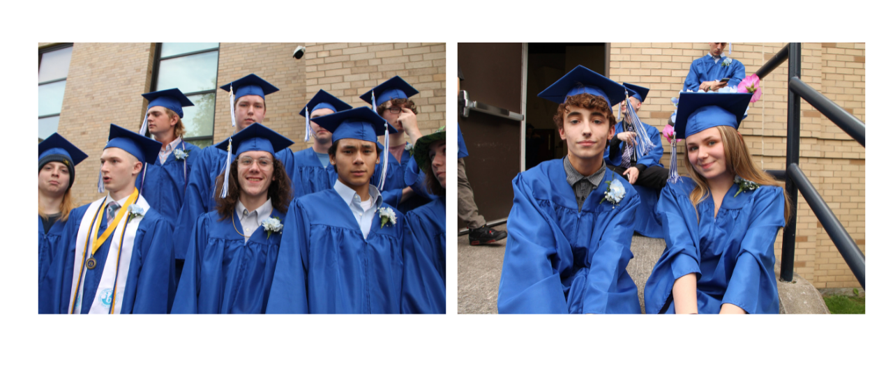 students in cap and gown smiling at the camera