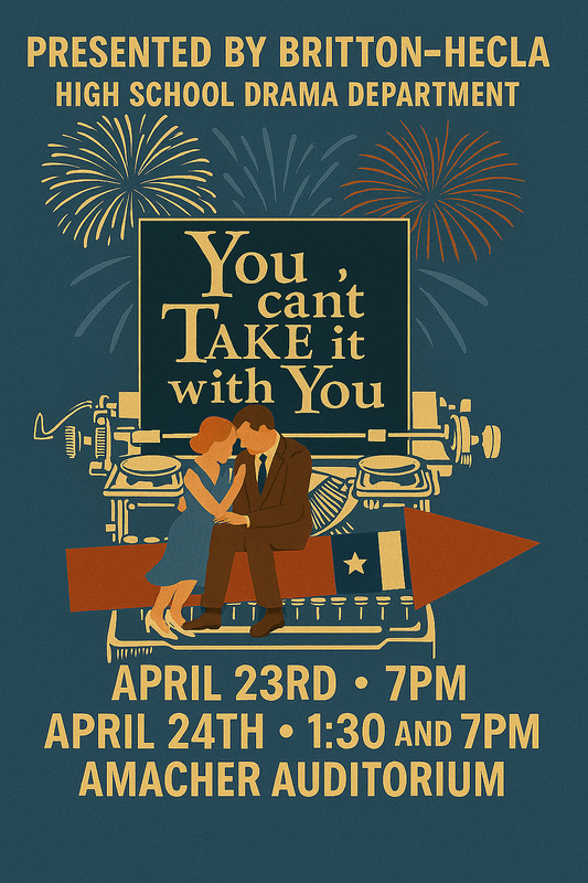 Colorful event poster for a high school drama performance with fireworks.