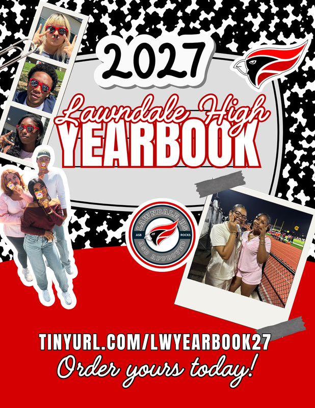 2027 Lawndale High yearbook cover with photos and text on a decorative background.