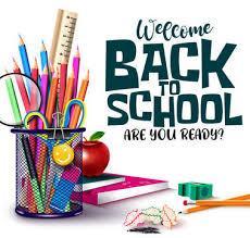 Back to school text with images of pencil cup with pens pencils apple and notebook