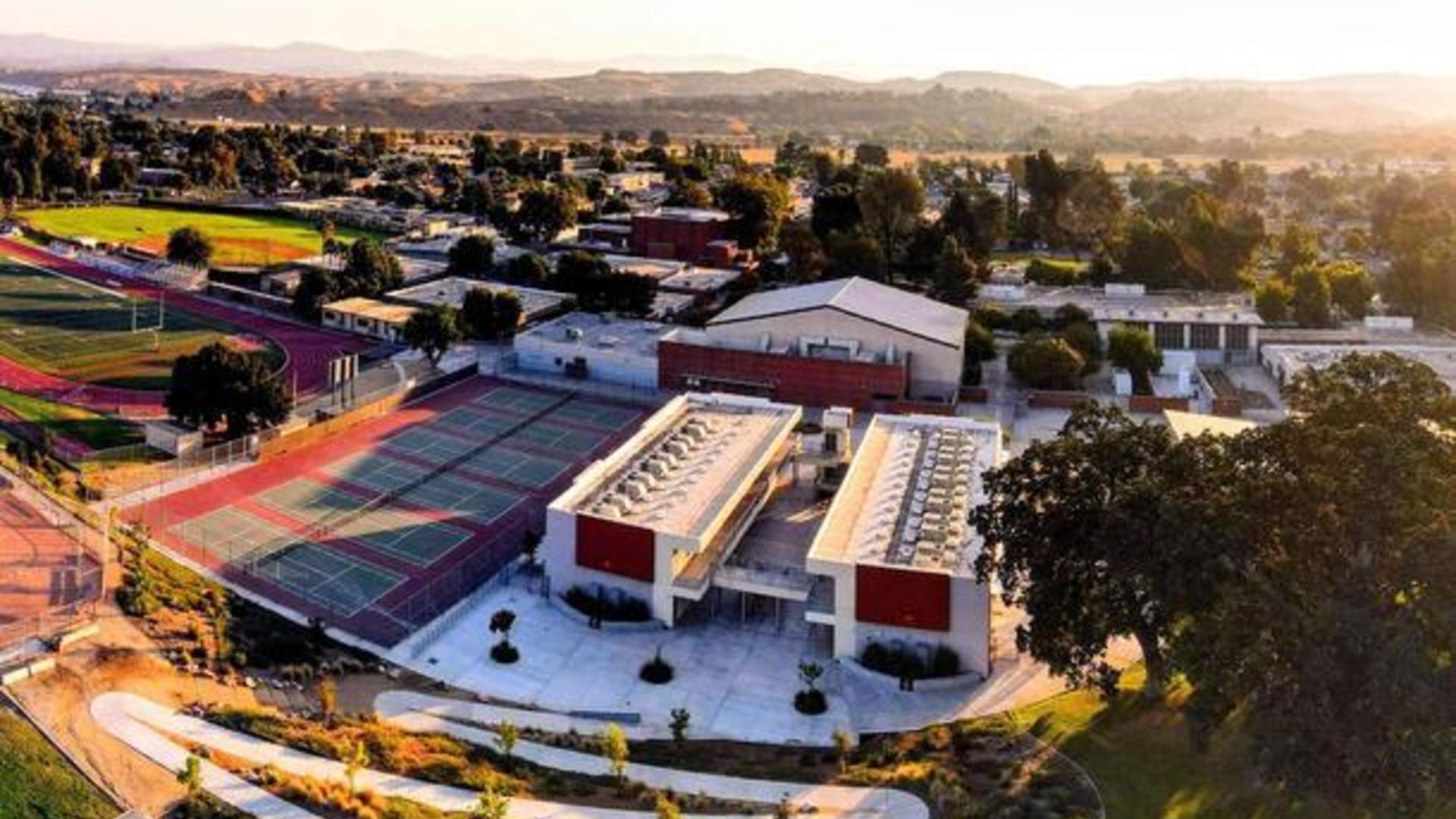 Aerial view of Hart High School at sunset