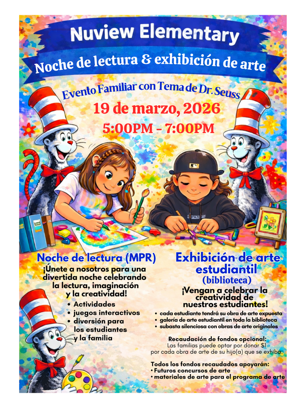 Three children creating art against a vibrant, paint-splattered background. Nuview Elementary School’s 1st Annual Art Show on March 19, 2026, from 5:00 to 7:00 pm in the school library. The event features student work and a silent auction.