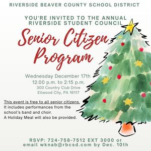 An invitation featuring words and a holiday tree, inviting people to join us for a holiday program