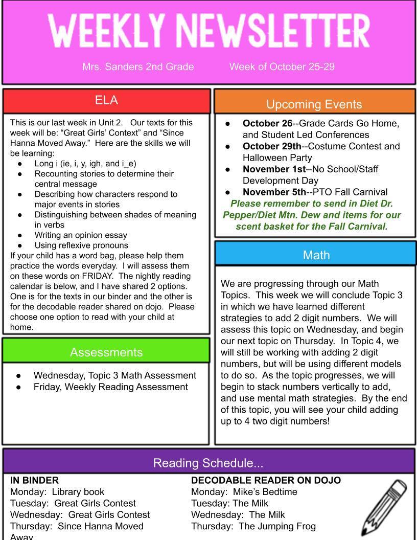 Weekly Newsletters Mrs. Cassie Sanders Rural Vale School