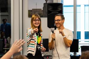 Eliot Schrefer and a student team up to answer a trivia question