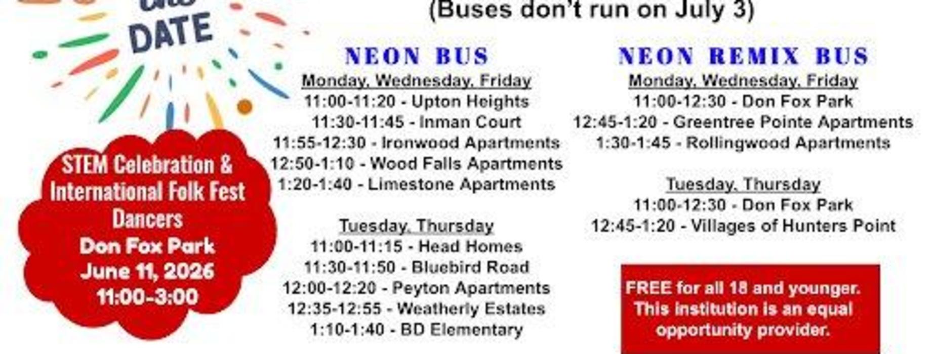 Schedule for bus services in June and July with locations and times listed.