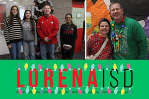 Christmas card contest winning students and Superintendent stading in front if a Christmas tree