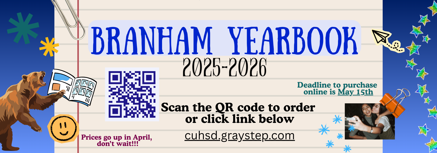 Notebook paper, bear, and pictures of students