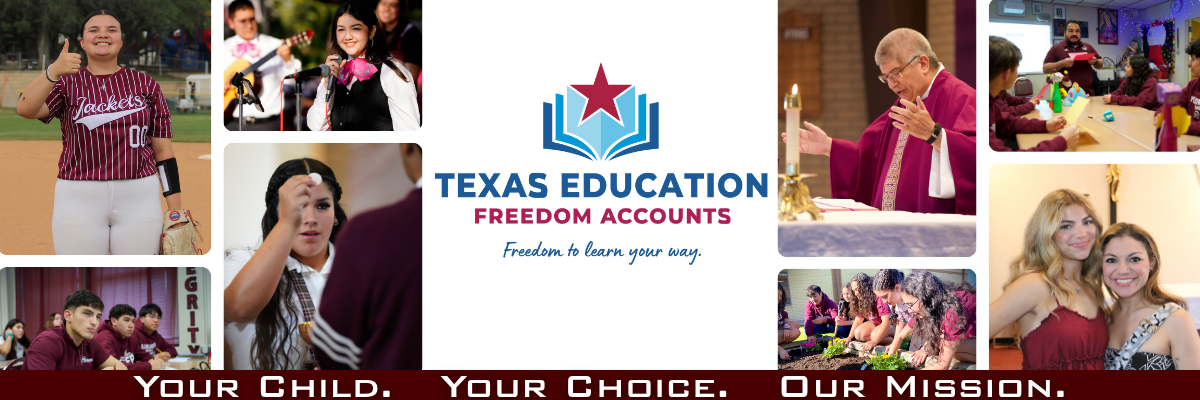 St. Anthony students, faculty, parents and priest on banner for Education Spending Account