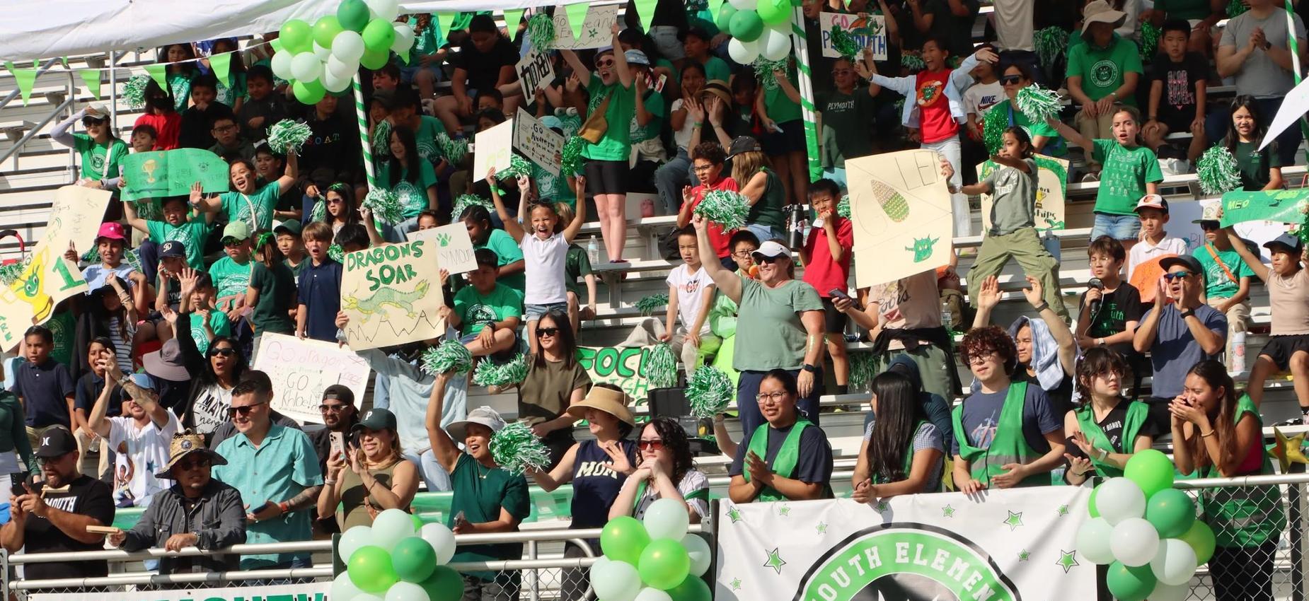 A lively crowd at a sporting event, dressed in green and holding signs.