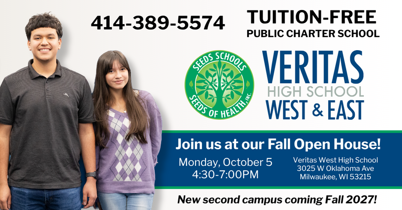 A graphic advertising Veritas' Fall Open House. Full details in description.
