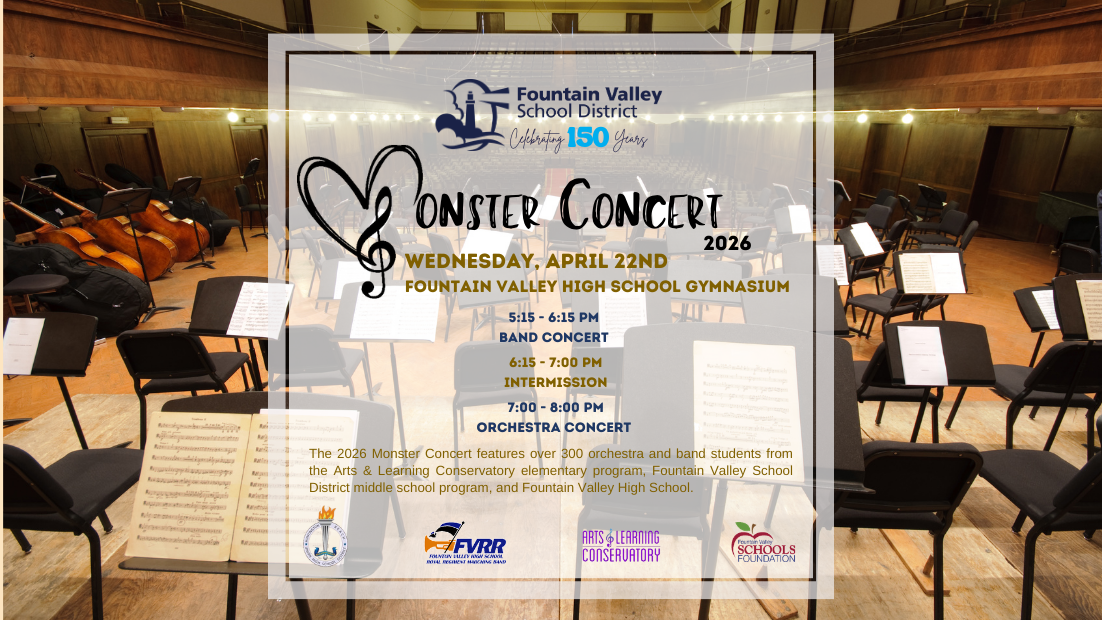 Concert program in a gymnasium with empty chairs and music stands. Date of Monster Concert which is April 22nd from 5:15pm - 8:00 PM at the Fountain Valley High School Gymnasium.