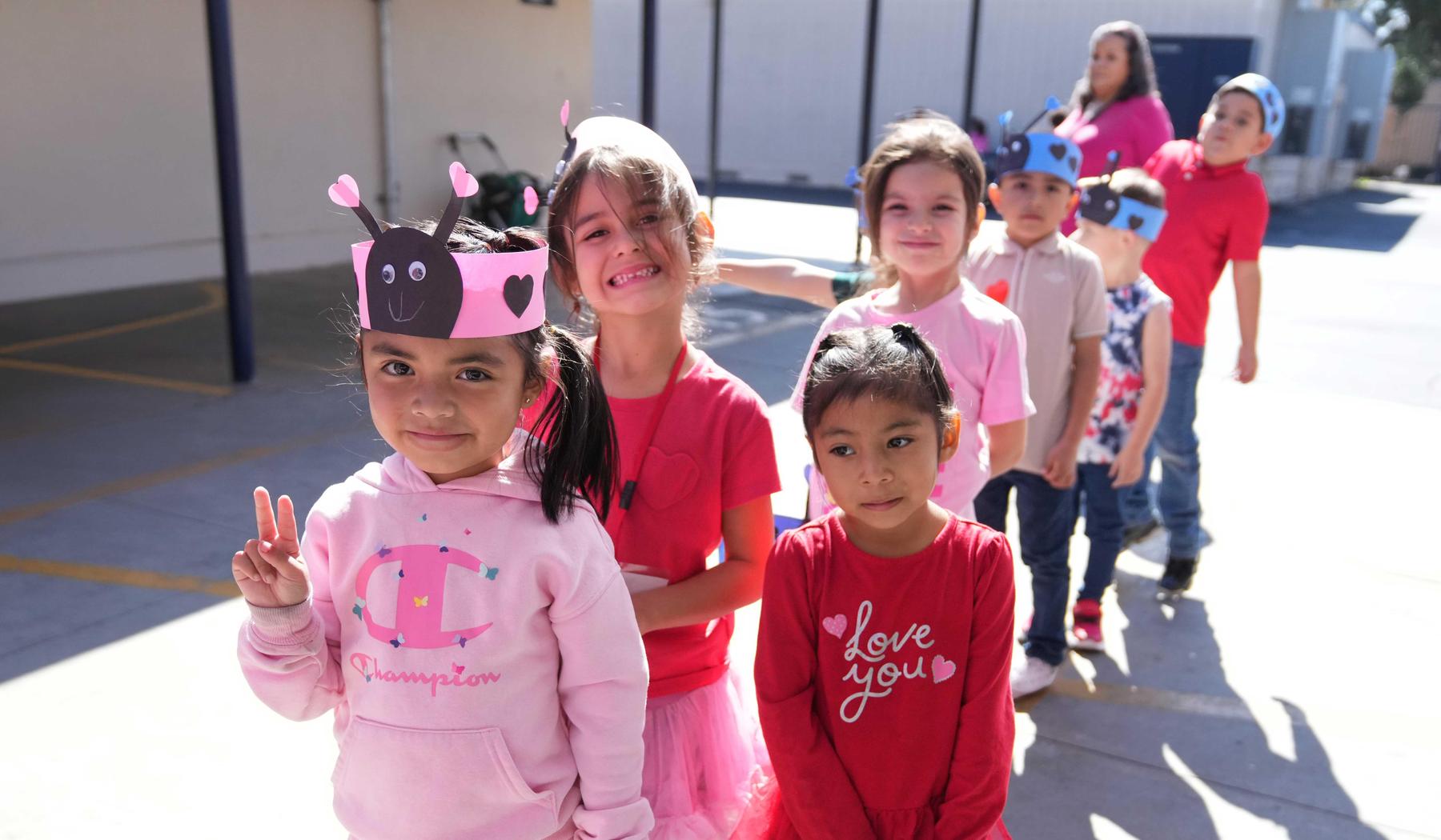 line of students on valentines day