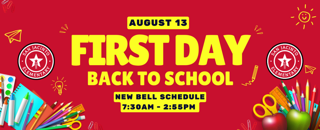 Bright red background with school supplies and text promoting the first day of school.