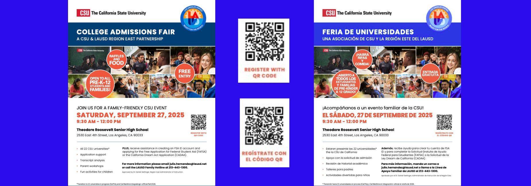 Theodore Roosevelt HS, College Fair on 9/27/25 from 9:30 AM to 12:00 PM. Use QR code to register.