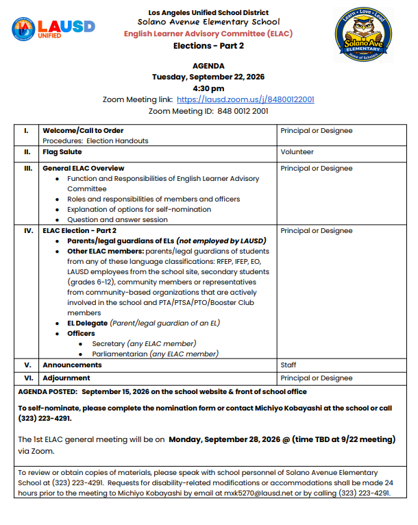 ELAC Meeting, Agenda