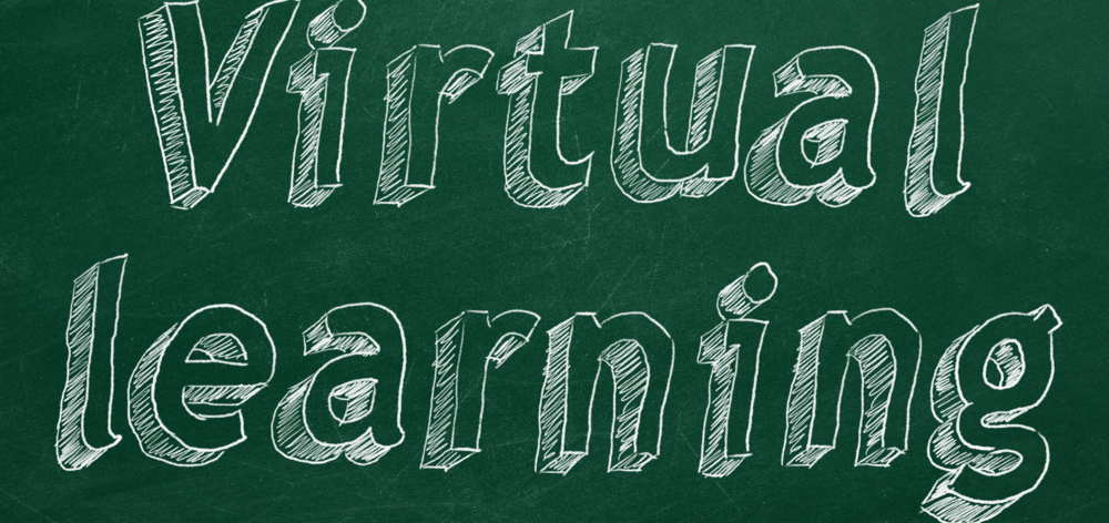 Virtual learning graphic chalkboard with white font.