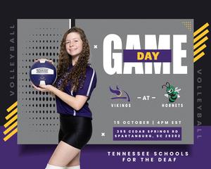 Girl holding a volleyball, promoting a volleyball game event details.