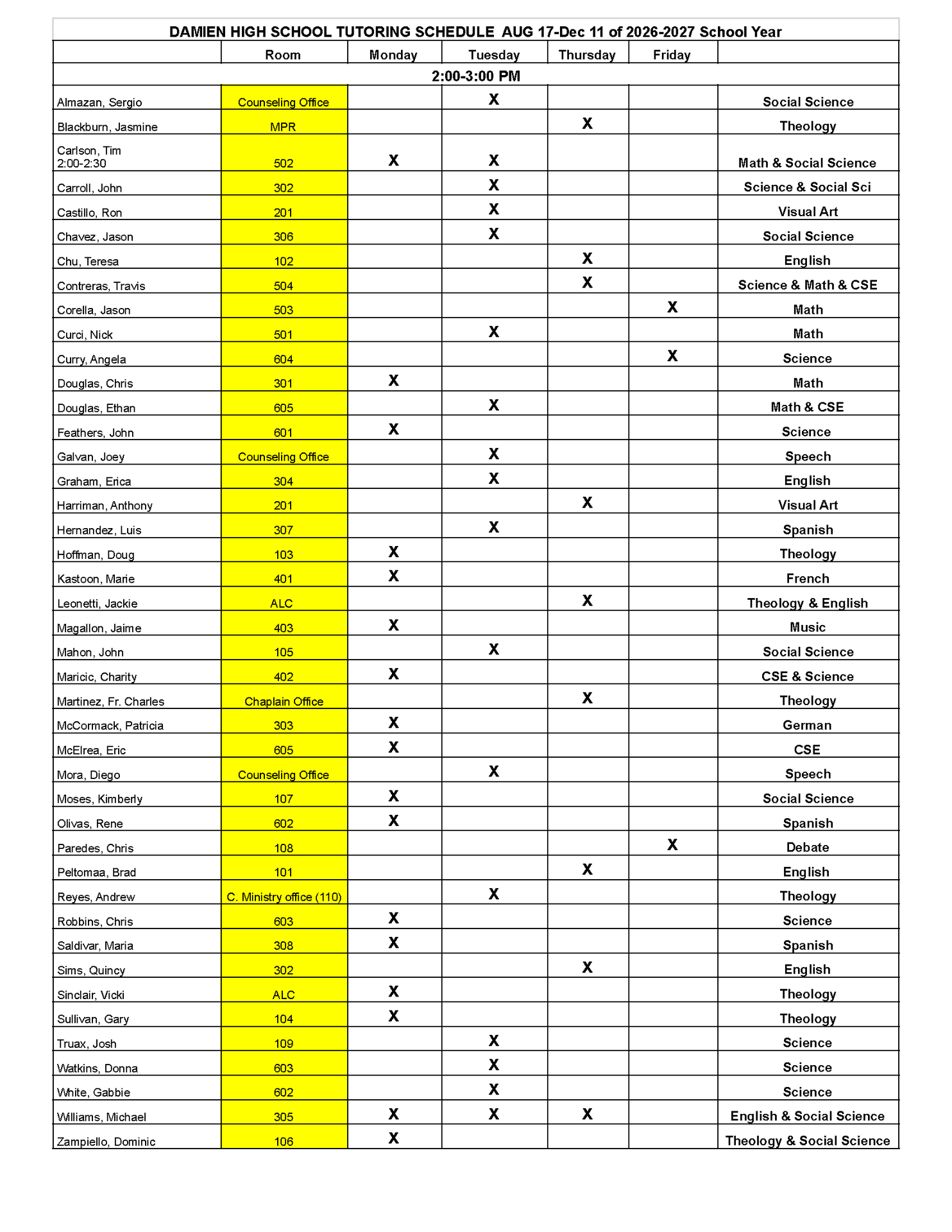 tutoring sched