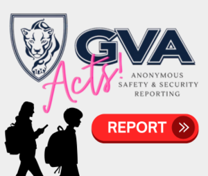 GVA Acts safety reporting with logo report button and student silhouettes