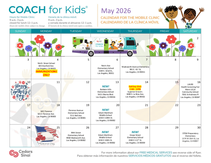 Calendar for the mobile clinic / Calendario de la clinica mobil