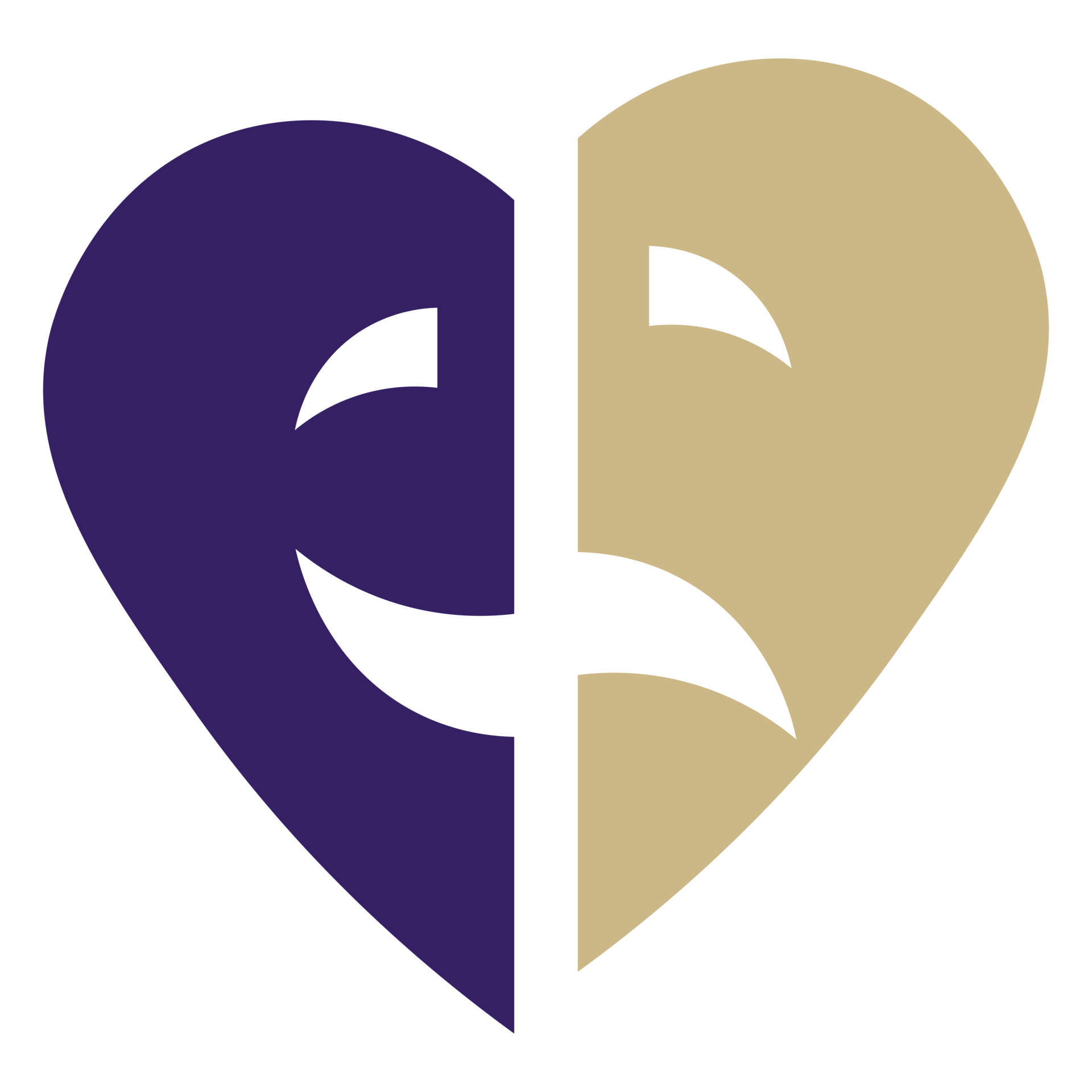 OLSH theatre logo - heart that is half purple and half gold, split like drama masks
