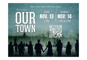 Event poster for 'Our Town' with silhouettes and details for showtimes.
